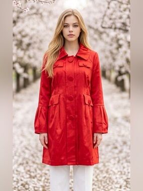 Classic Red Single-Breasted Trench Coat with Statement Buttons